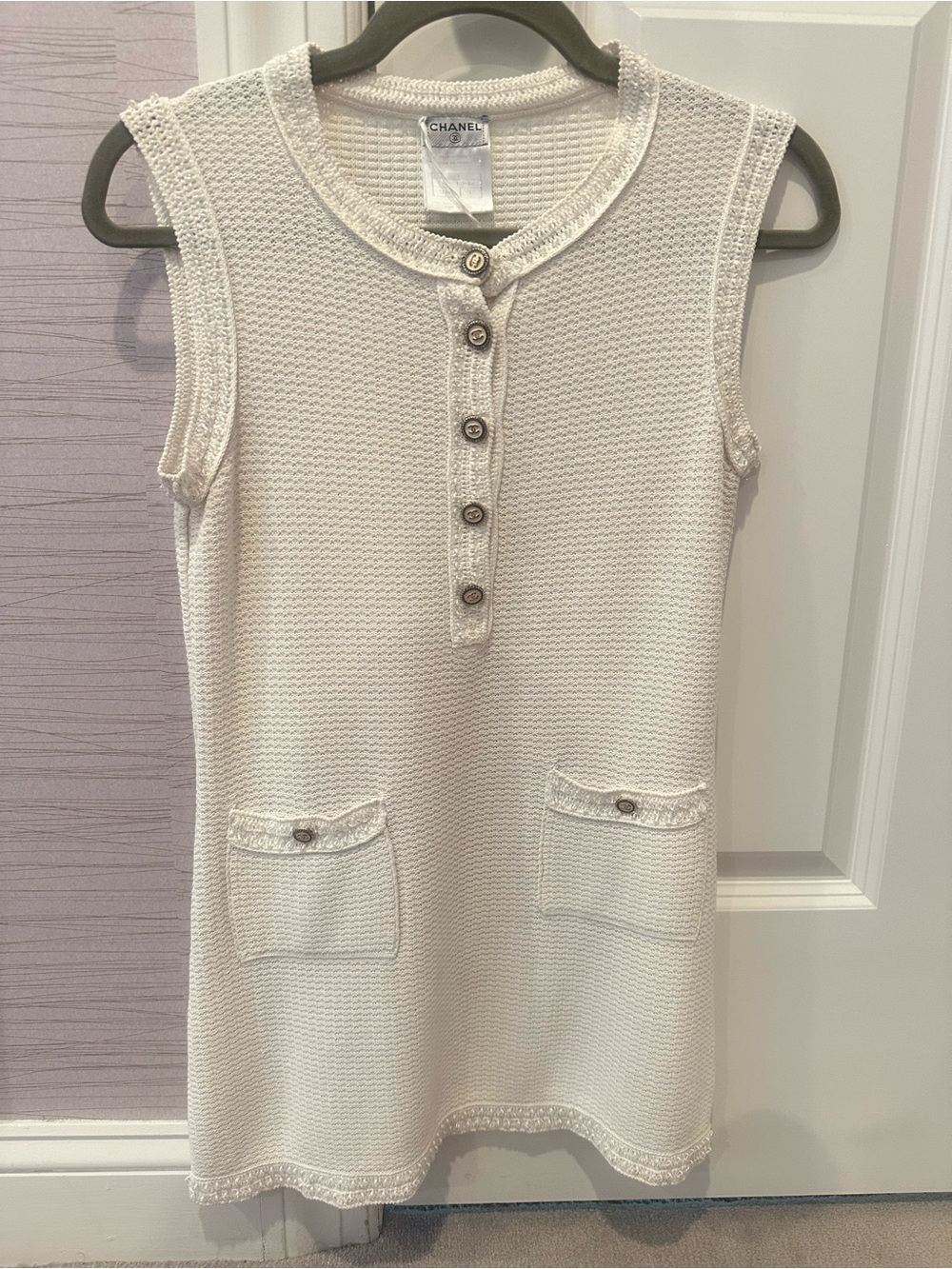 CHANEL Cream Sleeveless Knit Shift with Button Placket